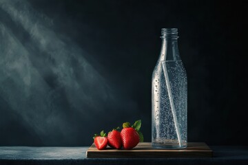 Sticker - Sparkling water bottle with fresh strawberries on wooden board.