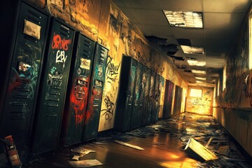 Poster - Abandoned school hallway with graffiti-covered lockers and debris on the floor.