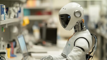 Poster - Advanced humanoid robot working diligently in a futuristic laboratory, showcasing technology, innovation, and artificial intelligence during research or development process