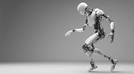 Poster - Futuristic Robotic Figure in Motion, Showcasing an Advanced Design of a Human-like Robot with Mechanical Components in a Minimalist Environment