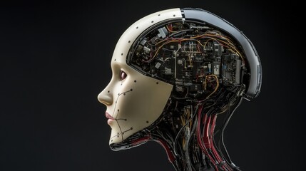 Poster - Futuristic Robot Head with Exposed Technology, Showcasing Intricate Wiring and Circuitry Beneath Smooth Surface, Symbolizing Advanced AI and Robotics Innovations