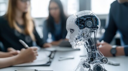 Poster - Human-like Robot Head Displayed at Modern Office Meeting with Diverse Team Discussing Technology and Future Innovations in Artificial Intelligence
