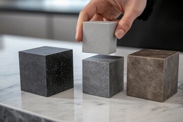 Poster - Hand placing grey cube on others; choice, decision, selection concept.