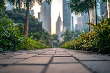 Poster - Urban park pathway with city skyline in background.