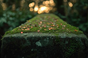 Aufkleber - Mossy stone wall with fallen leaves, sunset bokeh background.