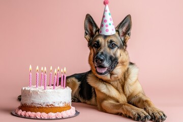 Poster - German Shepherd dog wearing a party hat next to a birthday cake with lit candles.