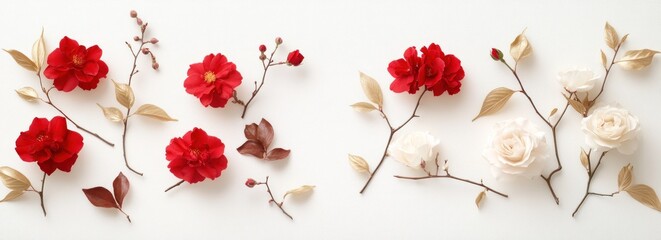 Aufkleber - Red and white flowers arranged on white background.