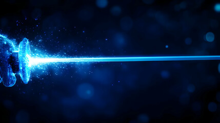Poster - A vibrant blue laser beam emitting light particles in a futuristic digital design, symbolizing advanced technology.