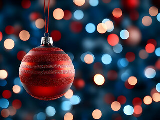 Canvas Print - a vibrant red christmas ornament hanging against a festive blur of colorful bokeh lights, capturing 