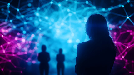 Poster - A woman observes a digital network of glowing connections, symbolizing innovation and future technology.