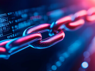 Poster - Close-up of a metallic chain with a futuristic digital background, symbolizing connection and security.