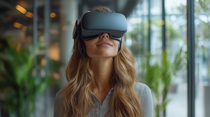 Poster - Woman experiencing virtual reality in an innovative office space during the day