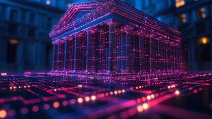 Poster - Digital banking innovation represented by a virtual financial institution in a futuristic setting