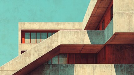 Canvas Print - Neu Brutalism building art illustration, granular texture