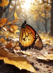 Butterfly cocoon resting on a single, wilted leaf in an autumn landscape, cocoon, butterfly