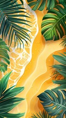 Poster - A breathtaking view captures golden sand pathways meandering through lush palm leaves, inviting relaxation and adventure by the tranquil shore. Nature’s beauty is on full display