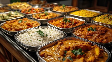 Wall Mural - Indian buffet table filled with various curries rice, vegetables. Many metal containers with food. Dishes ready for serving. Catering event buffet setting. Colorful Indian cuisine. Plenty of food for