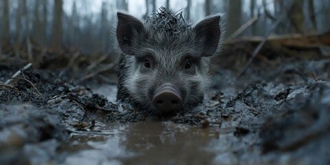 Wild Boar Piglet in Mud Forest Habitat Wildlife Nature