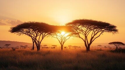 Aufkleber - Radiant sunlight spills over the horizon as it rises, casting a golden hue on the acacia trees of the savannah. The vast landscape awakens, embracing the tranquil beauty of dawn