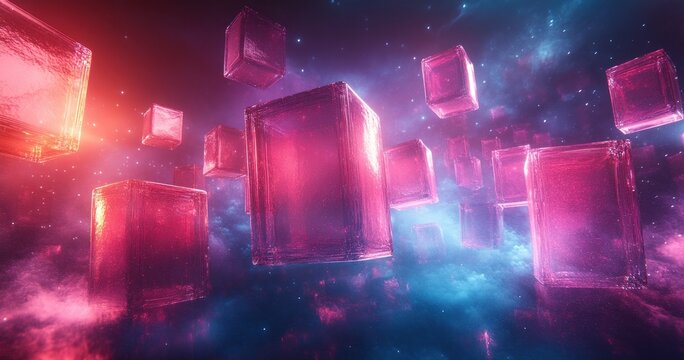 Translucent Cubes in Dark Space with Blue and Purple Glow