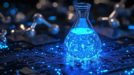 Poster - glowing flask on a circuit board, symbolizing innovation