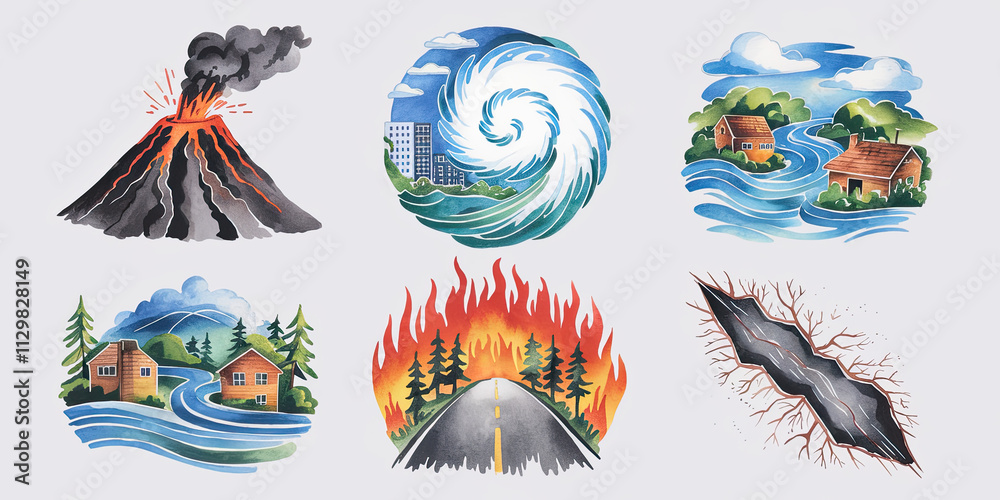 Natural Disaster Illustrations Volcano Hurricane Flood Wildfire ...