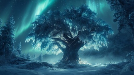 Wall Mural - Enormous ancient tree covered in frost under a vibrant aurora borealis in a snowy landscape.