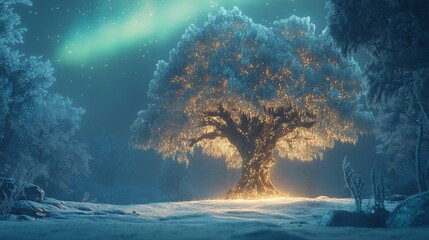 Wall Mural - Enchanting glowing tree in snowy winter forest at night under aurora borealis.
