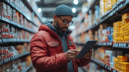 Poster - Retail app user engages with augmented reality features in a grocery store aisle during shopping
