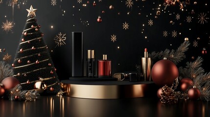 Wall Mural - Christmas and New Year Celebration with Minimalist Podium for Cosmetics