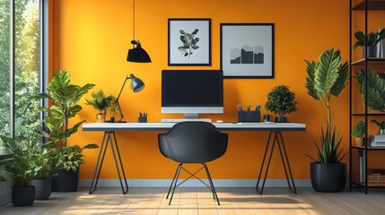 Poster - Modern home office setup with plants, artwork, and a computer in a bright orange room