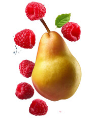 Wall Mural - natural sweetness of falling pear and raspberry isolated on white showcased in full depth of field