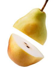 Wall Mural - another smooth natural cube of falling pear on white isolated highlighted in full depth of field