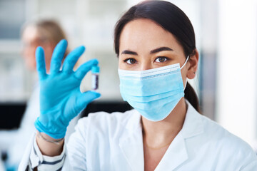 Aufkleber - Portrait, research and woman with mask, sample for testing and forensic lab with confidence. Face cover, science and professional with experiment, cure and breakthrough for disease and biotech