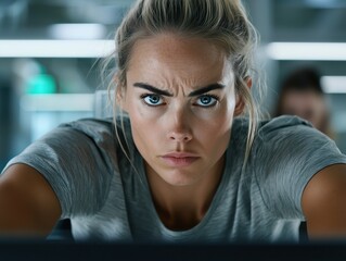 Focused young woman exercising indoors, intense facial expression