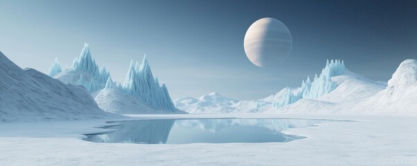 surreal landscape with ice mountains, frozen lake. distant gas giant hovers above icy plateau. stunn