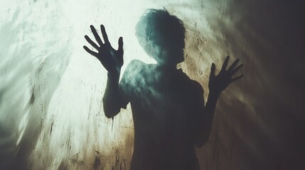 Poster - A figure's shadow stretches against a textured wall, hands reaching out with a sense of yearning. The play of light and shadow creates an evocative atmosphere filled with emotion, inviting reflection
