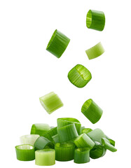 Wall Mural - falling chopped green onion isolated on white background with full depth of field showcasing fresh a