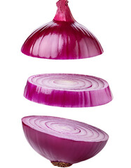 Wall Mural - falling chopped red onion isolated on white background with full depth of field with bold purple hue