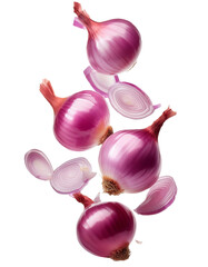 Wall Mural - falling chopped shallots isolated on white background with full depth of field showcasing subtle aro