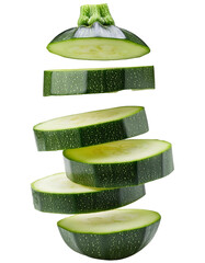 Wall Mural - falling chopped zucchini isolated on white background with full depth of field highlighting natural 