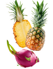 Wall Mural - falling dragonfruit and pineapple isolated on white background with full depth of field with exotic 