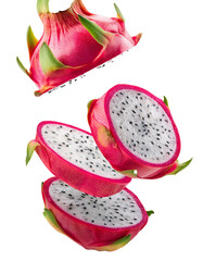 Wall Mural - falling dragonfruit slice isolated on white background with full depth of field showcasing exotic pa