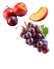 Wall Mural - falling grape and peach isolated on white background with full depth of field with juicy and sweet h