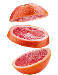 Wall Mural - another vibrant juicy slice of falling grapefruit on white isolated with segments in full depth of f