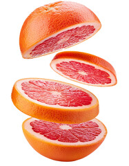Wall Mural - yet another vibrant juicy slice of falling grapefruit isolated on white with segments in full depth 