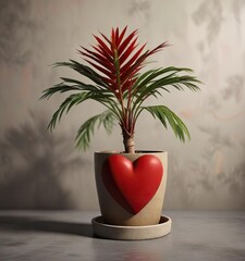 Wall Mural - A delicate hand painted dark red heart is placed at the base of a small potted palm plant, artisanal, decorative, plant