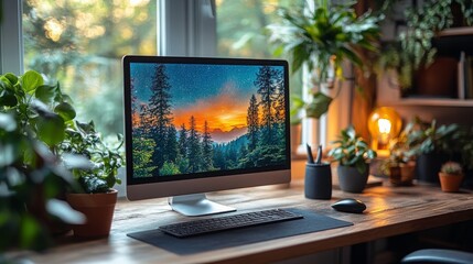 Poster - Cozy home office setup with a scenic computer display and indoor plants during sunset hours