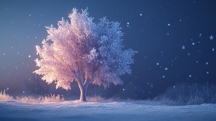 Wall Mural - Magical winter tree covered in frost, snow falling, nighttime scene.