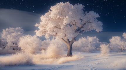 Wall Mural - Frosty winter landscape with a snow-covered tree under a starry night sky.